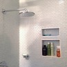 Large white glass mini subway tile shower walls