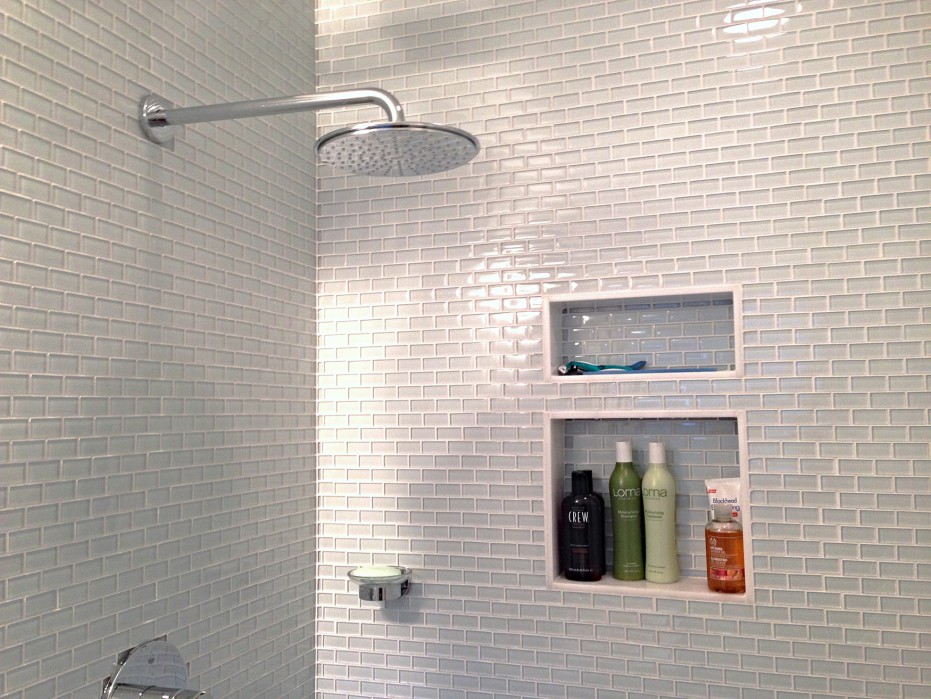 Large White Glass Mini Subway Tile Shower Walls Photo Gallery